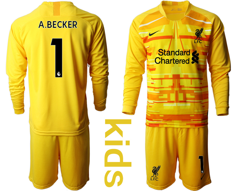 Youth 2020-2021 club Liverpool yellow long sleeved Goalkeeper #1 Soccer Jerseys